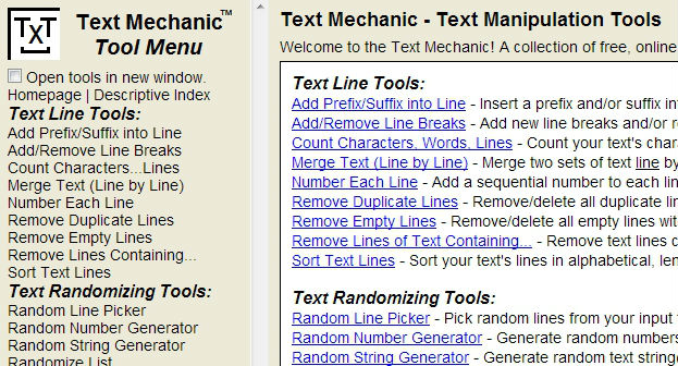 Text Mechanic innehåller en uppsättning enkla verktyg för att hantera text.