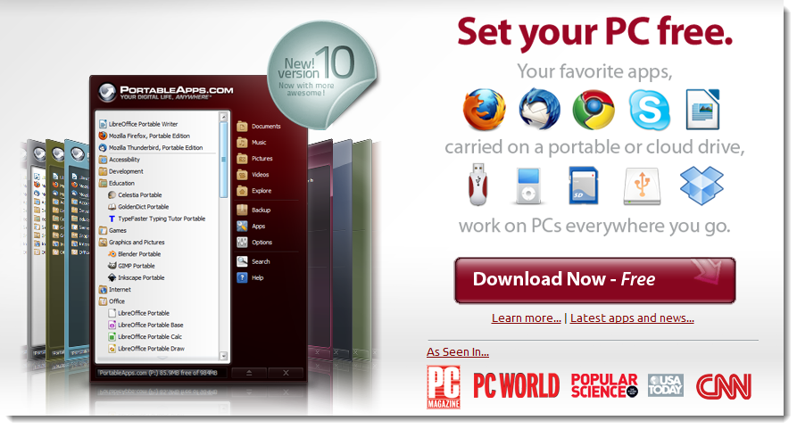 Portabla applikationer kan laddas ner gratis från portableapps.com